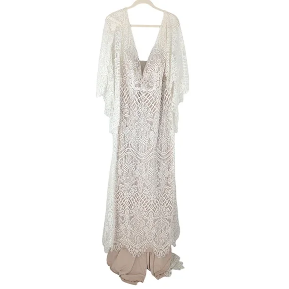 BHLDN Odalis Lace Wedding Gown Plus Size Boho Bridal Ivory Nude 16 - Picture 4 of 7